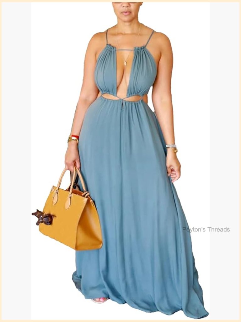 Womens Boning Sleeveless Maxi Dress Corset Bodice Halter Deep V-Neck Backless